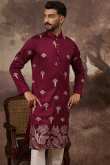 maroon silk blend solid embroidered straight kurta