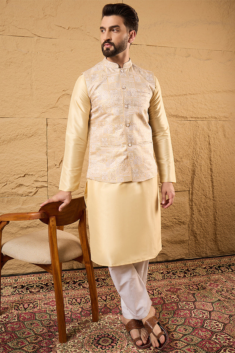 Mens Cream Silk Blend Woven Design Mandarin Collar Koti