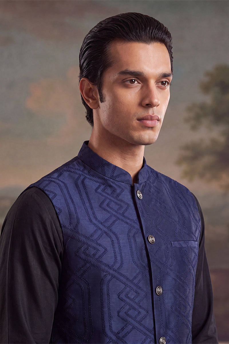 Mens Violet Jacquard Woven Design Mandarin Collar Koti