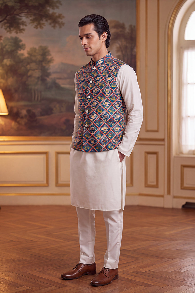 Mens Blue Silk Blend Patola Print Mandarine Collar Koti
