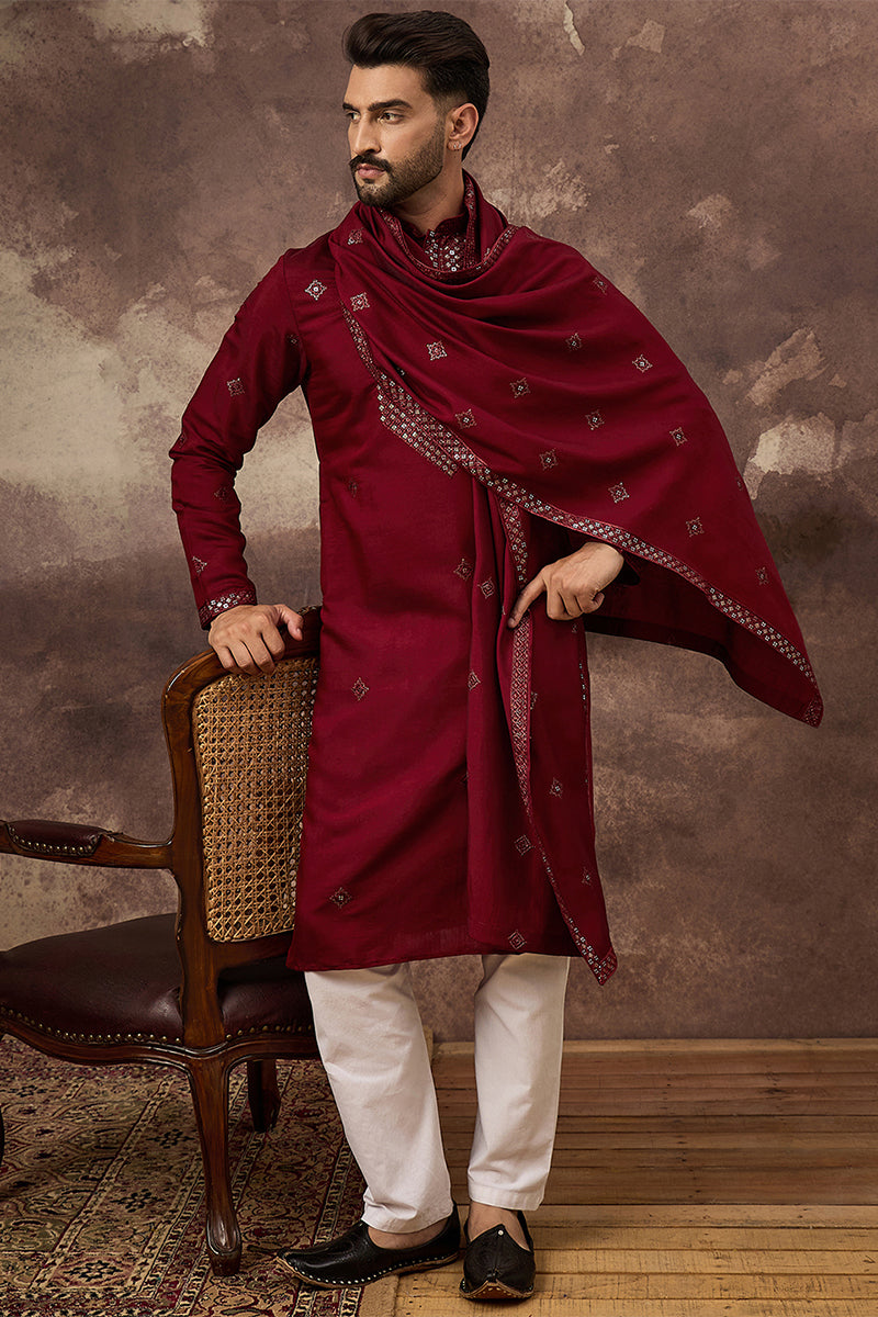 Maroon Silk Blend Solid Embroidered Straight Kurta with Dupatta