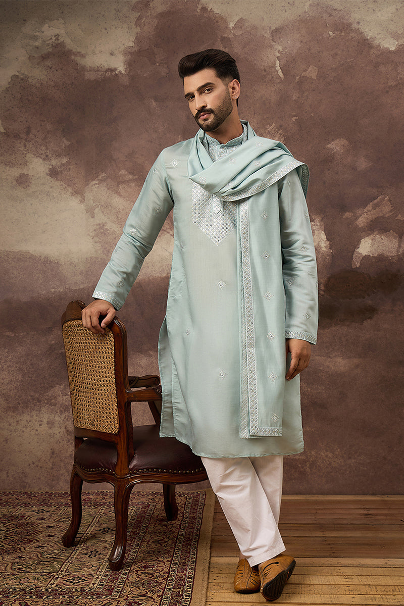 Blue Silk Blend Solid Embroidered Straight Kurta with Dupatta