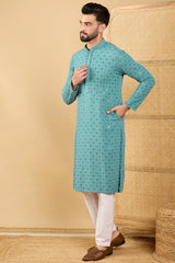 blue viscose rayon solid embroidered straight kurta with trouser
