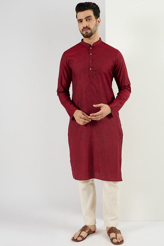 maroon-pure-cotton-solid-woven-design-straight-kurta-with-trousers-mkset1096