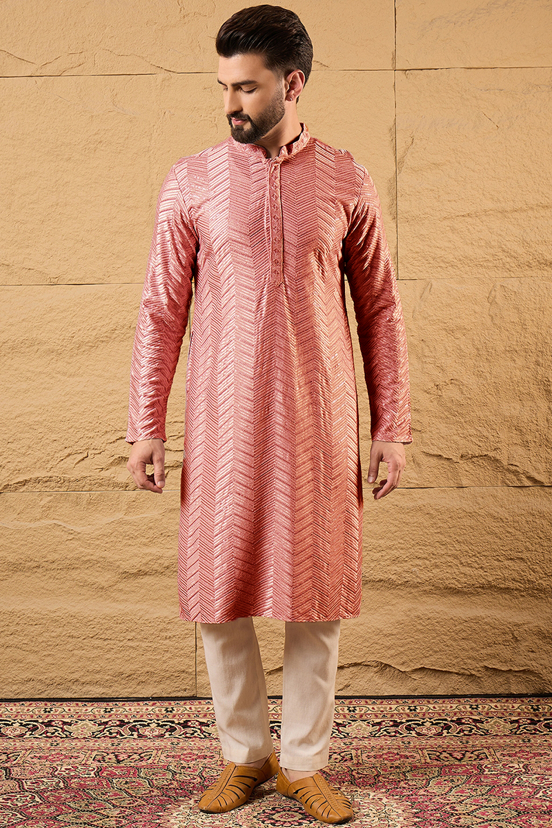 peach viscose rayon solid embroidered straight kurta with trousers