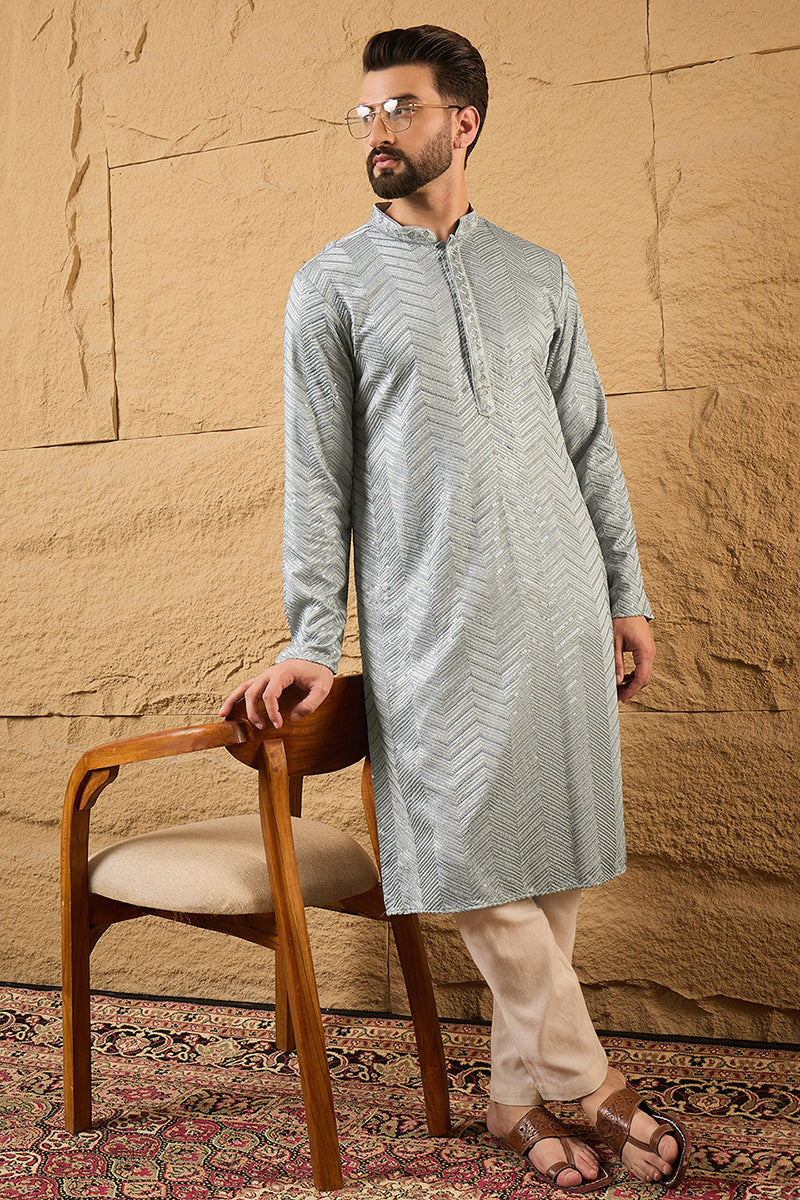 Grey Viscose Rayon Solid Embroidered Straight Kurta with Trouser