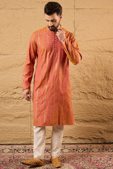 orange pure cotton solid embroidered straight kurta with trouser