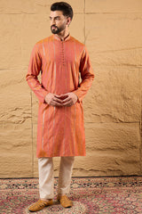 orange pure cotton solid embroidered straight kurta with trouser