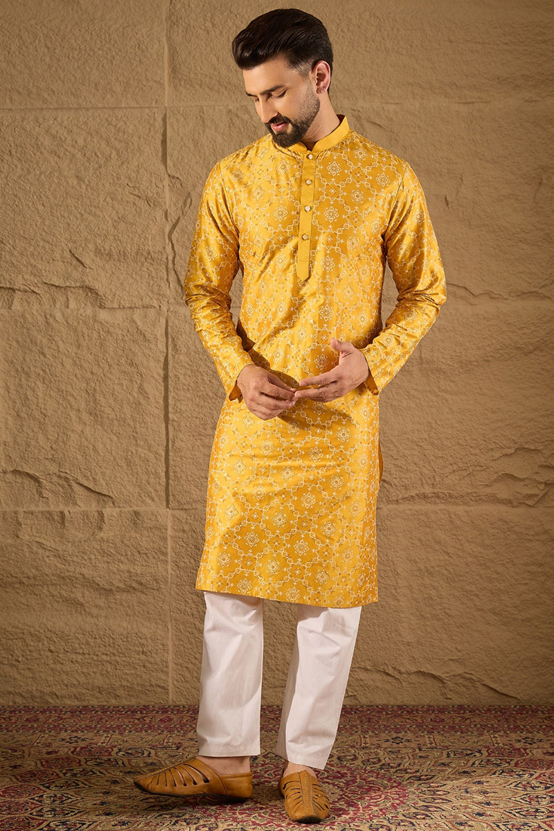 Yellow Pure Silk Geometric Printed Straight Kurta with Trousers