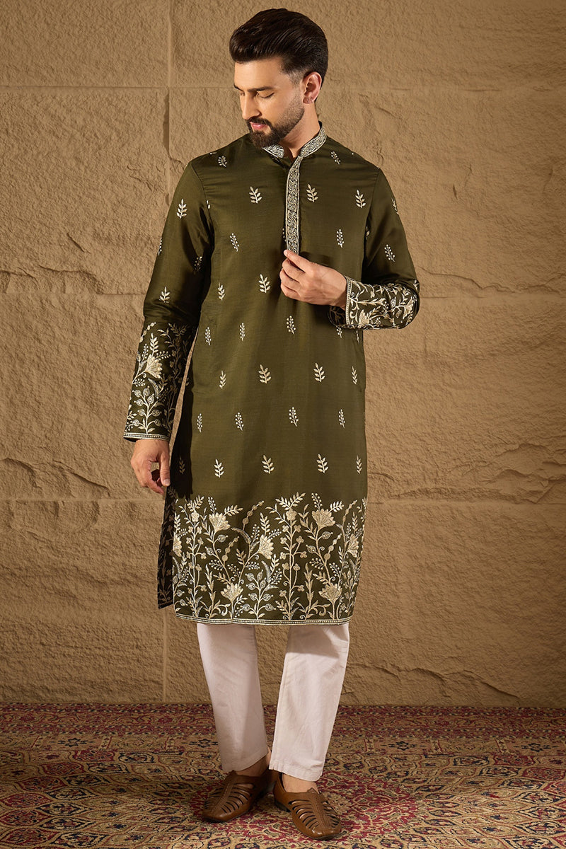 Olive Chanderi Silk Solid Embroidered Straight Kurta with Trouser