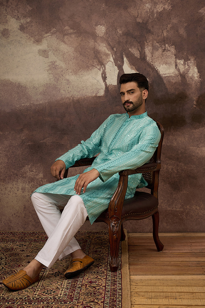 Blue Viscose Rayon Solid Embroidered Straight Kurta with Trouser
