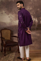 purple silk blend solid embroidered straight kurta and trouser