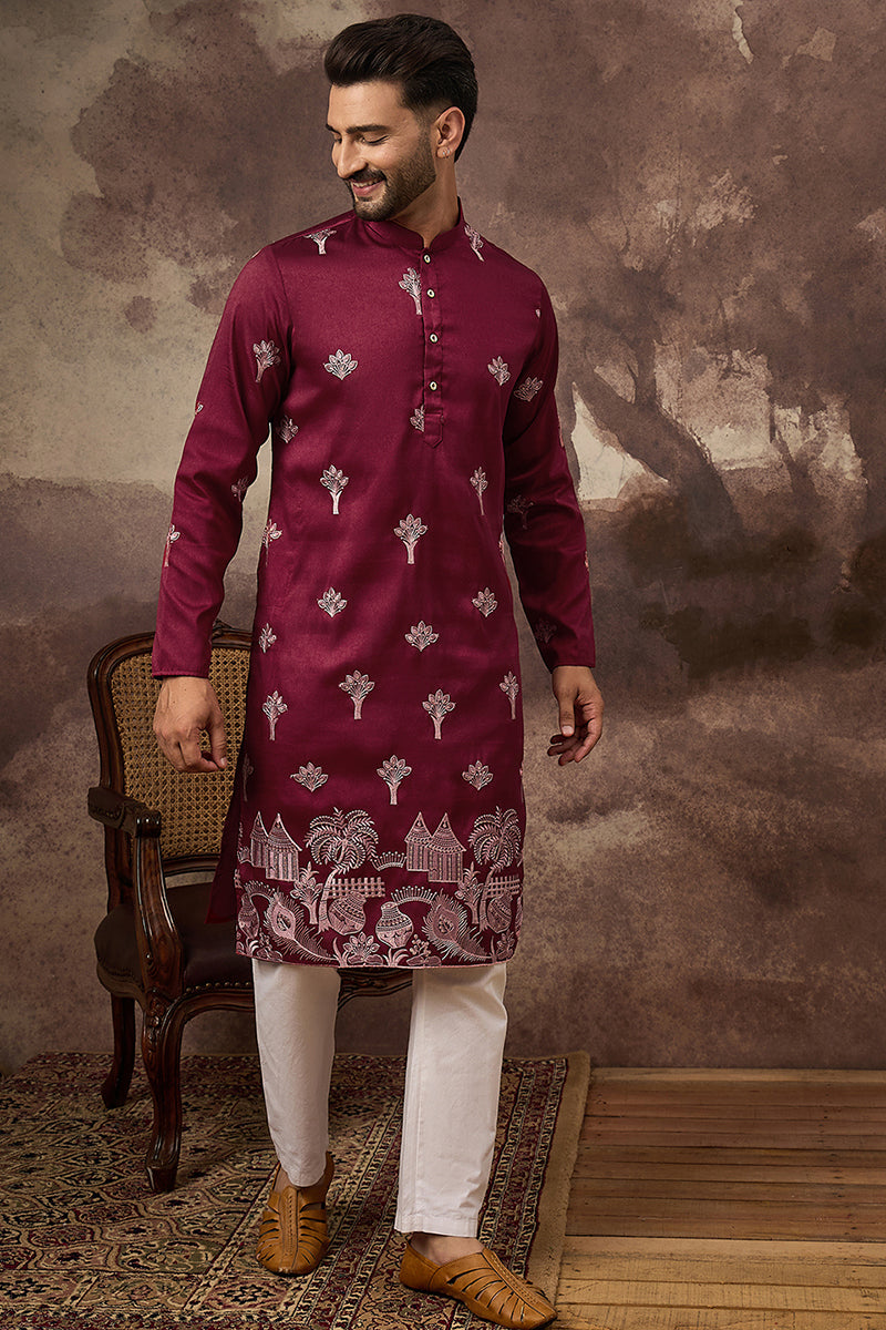 maroon silk blend solid embroidered straight kurta and trouser