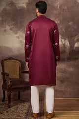 maroon silk blend solid embroidered straight kurta and trouser