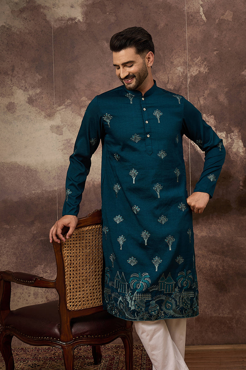 Blue Silk Blend Solid Embroidered Straight Kurta and Trouser