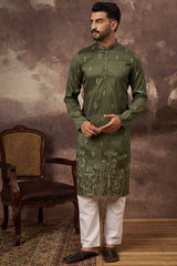 green silk blend solid embroidered straight kurta and trouser