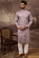 lavender silk blend solid embroidered straight kurta and trouser