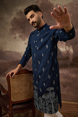 navy blue silk blend solid embroidered straight kurta and trouser