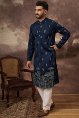 navy blue silk blend solid embroidered straight kurta and trouser