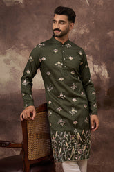 green silk blend solid embroidered straight kurta and trouser