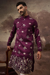 purple silk blend solid embroidered straight kurta and trouser