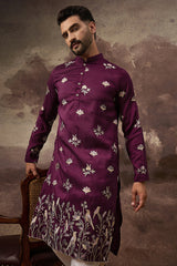 purple silk blend solid embroidered straight kurta and trouser