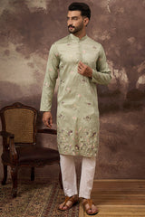 green silk blend solid embroidered straight kurta and trouser