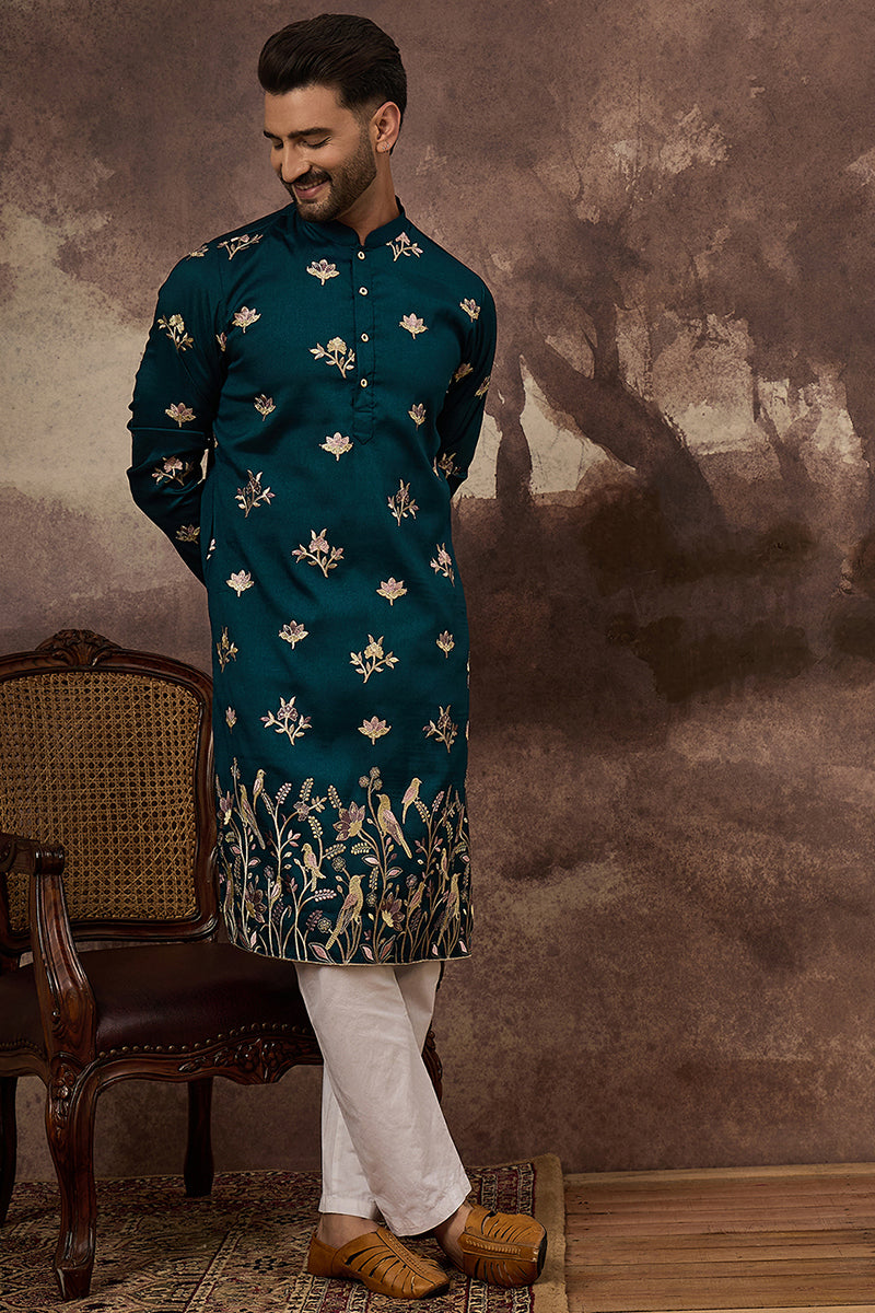 Blue Silk Blend Solid Embroidered Straight Kurta and Trouser