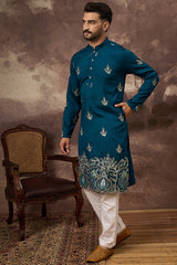 blue silk blend solid embroidered straight kurta with trouser