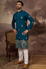 blue silk blend solid embroidered straight kurta with trouser