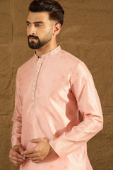 peach polyester solid embroidered straight kurta with trouser