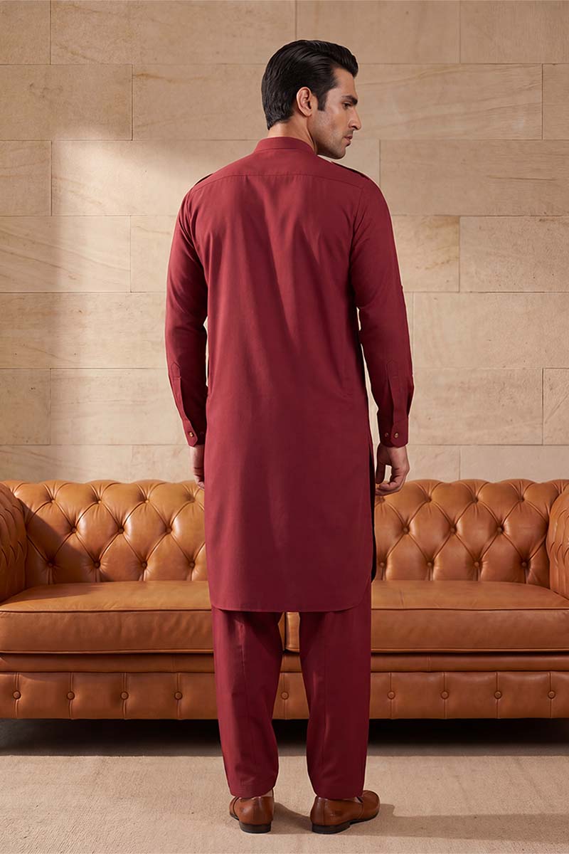 Men Red Viscose Rayon Solid Straight Pathani Set