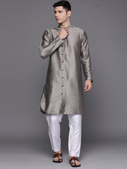 Indo Era - Grey Solid Liva Straight Kurtas