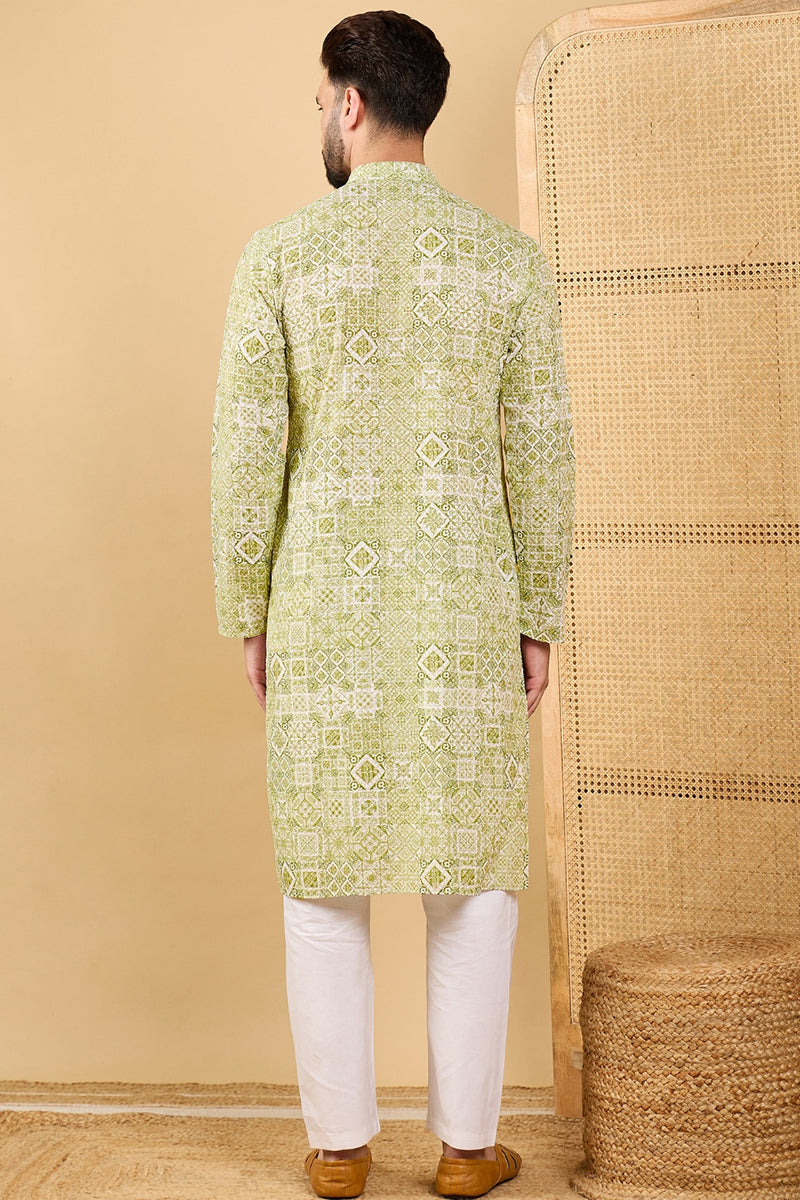 olive green viscose rayon geometric embroidered straight chikankari kurta