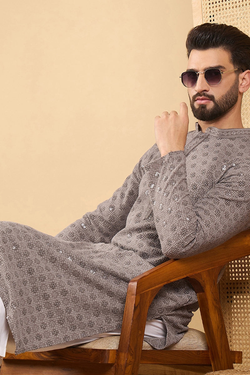 grey viscose rayon solid embroidered straight chikankari kurta