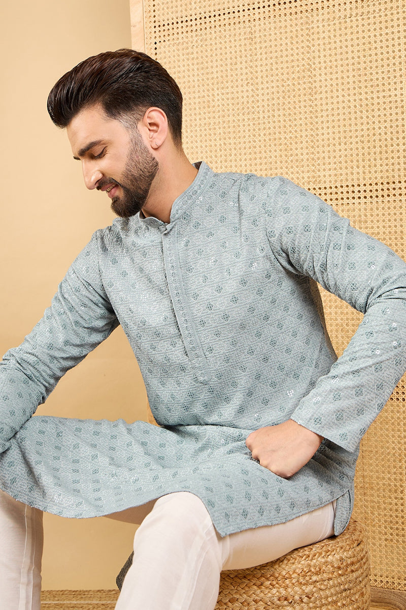 grey viscose rayon solid embroidered straight chikankari kurta