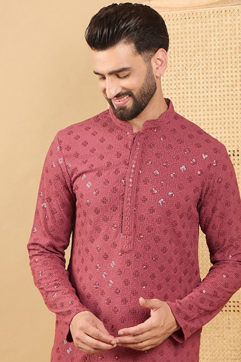 red viscose rayon solid embroidered straight chikankari kurta