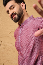 pink viscose rayon solid embroidered straight kurta for men