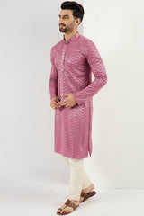 pink viscose rayon solid embroidered straight kurta for men