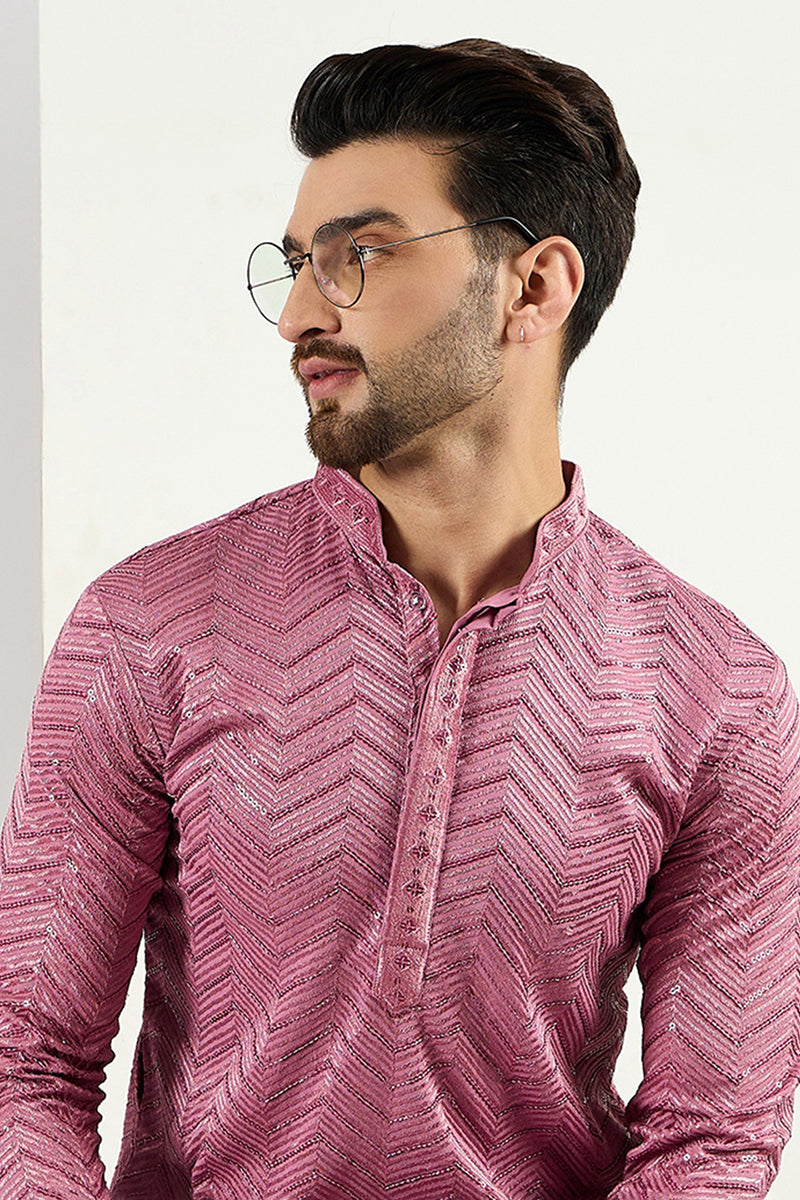 pink viscose rayon solid embroidered straight kurta for men