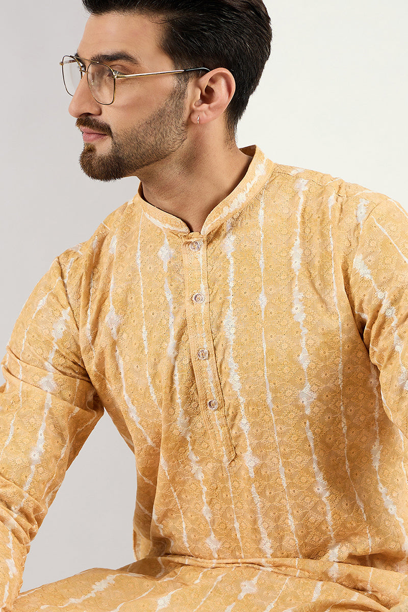 men yellow viscose rayon abstract embroidered chikankari straight kurta