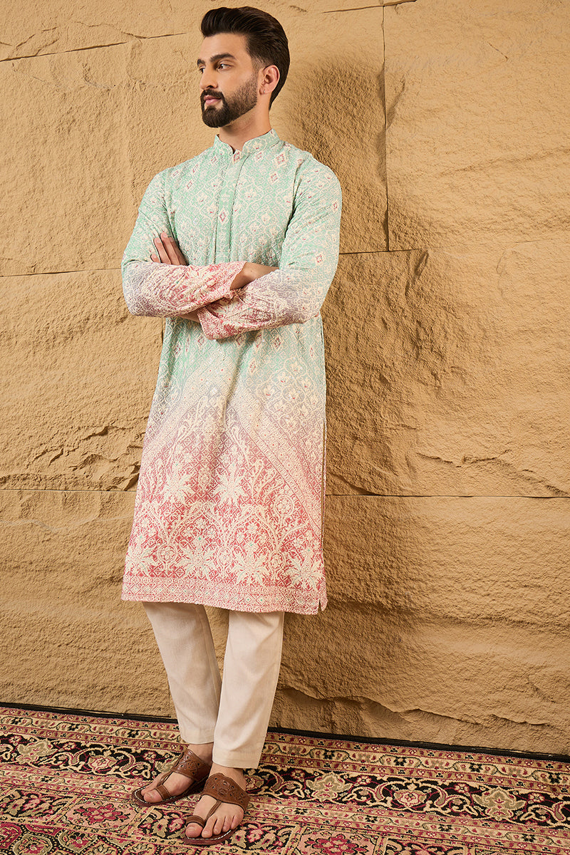Teal Viscose Rayon Ethnic Motifs Embroidered Straight Kurta