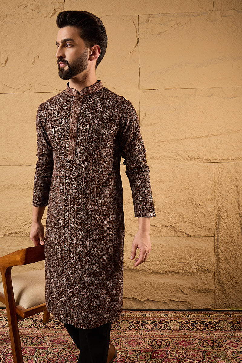 mens brown viscose rayon ethnic motifs embroidered chikankari straight kurta with pant set