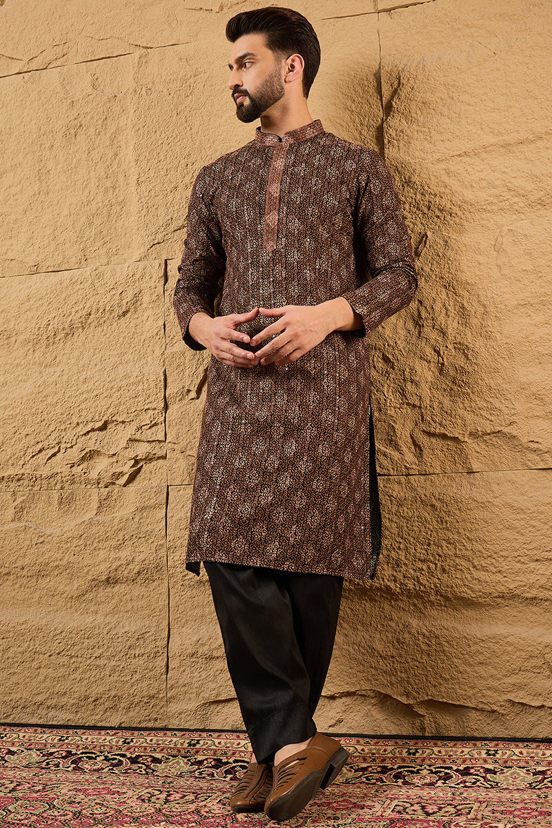 Brown Viscose Rayon Ethnic Motifs Embroidered Chikankari Straight Kurta