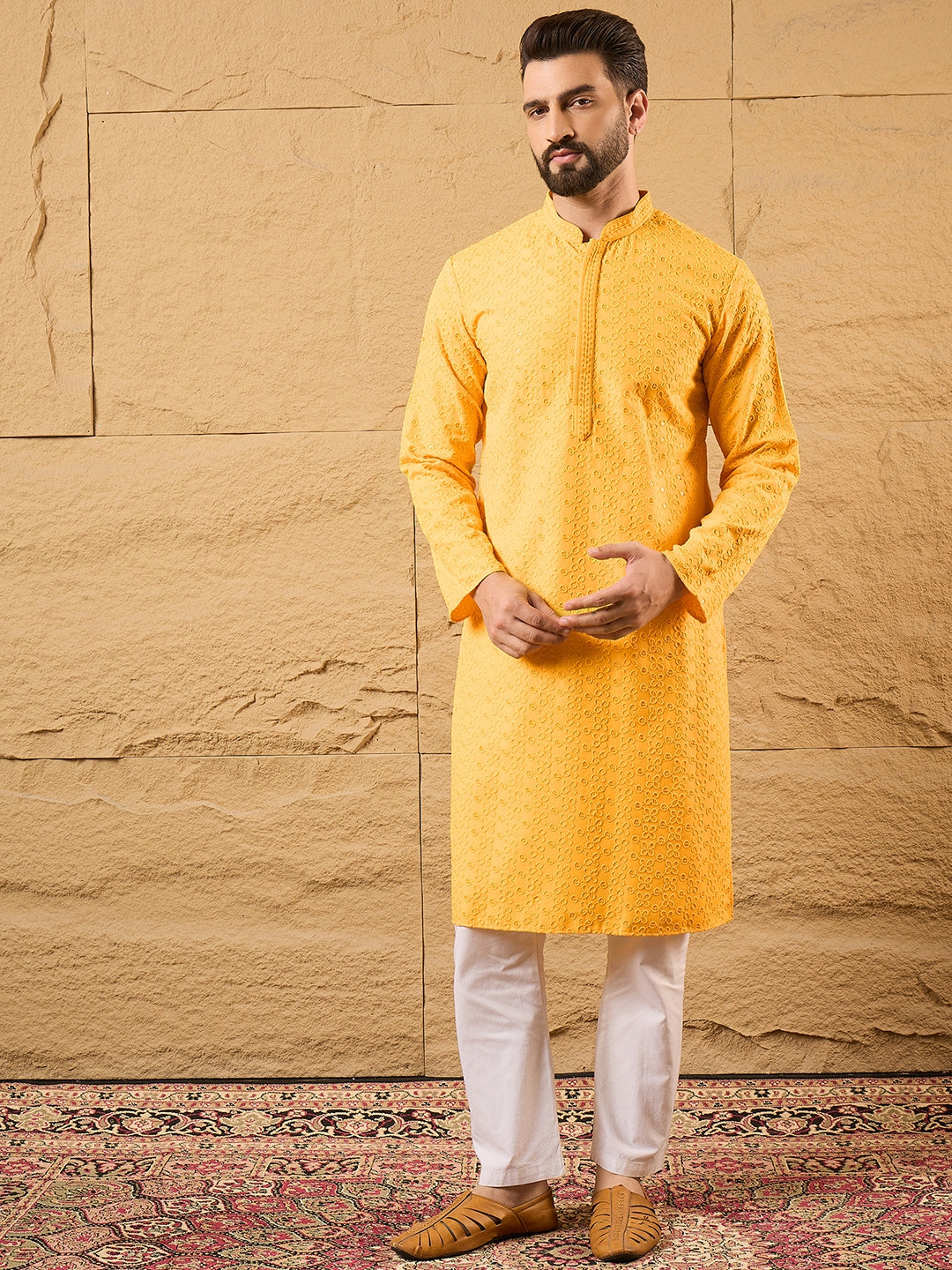 Yellow Viscose Rayon Embroidered Chikankari Straight Kurta