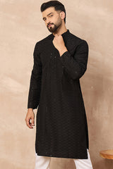 black viscose rayon solid embroidered straight kurta