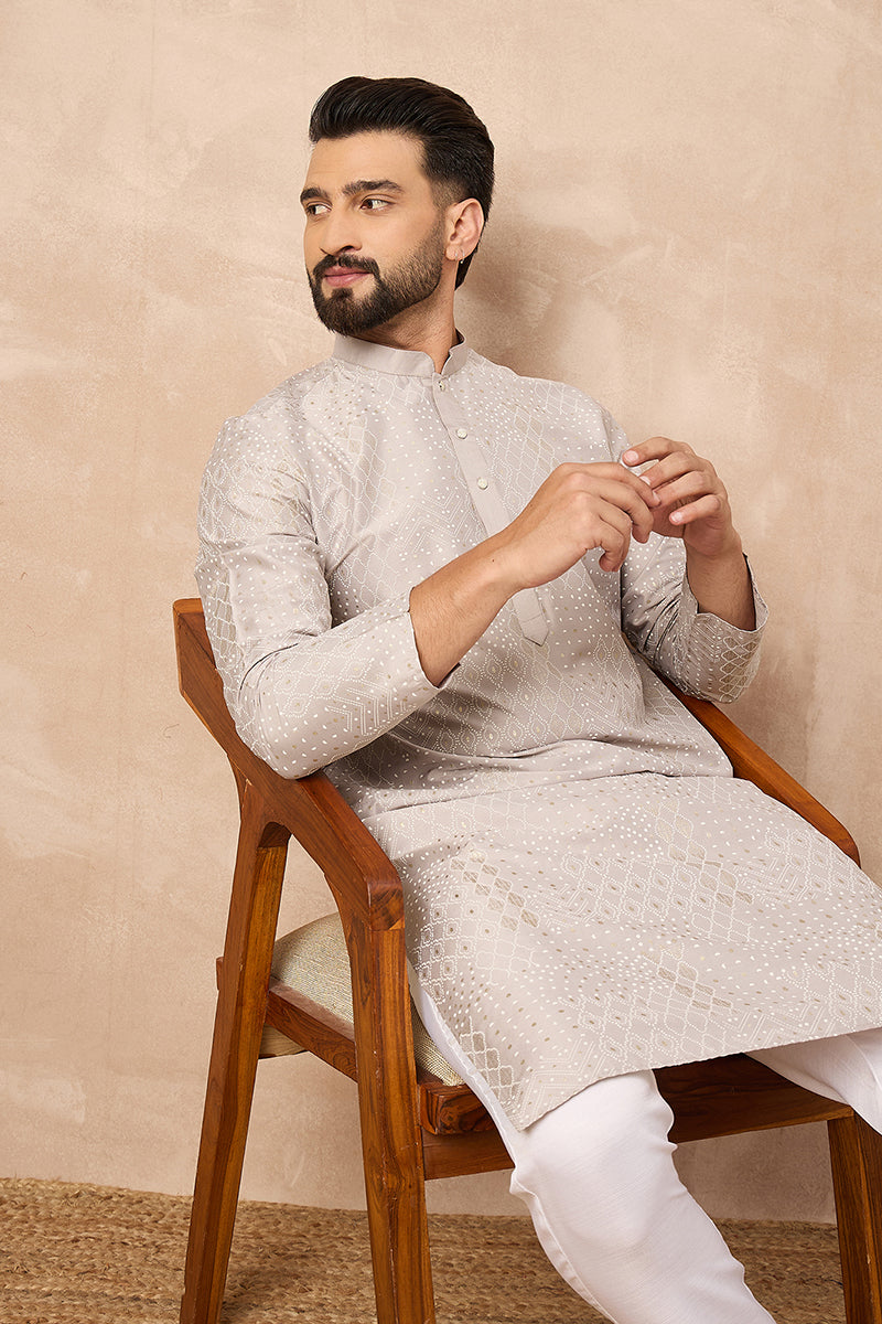 Grey Silk Geometric Printed Straight Kurta