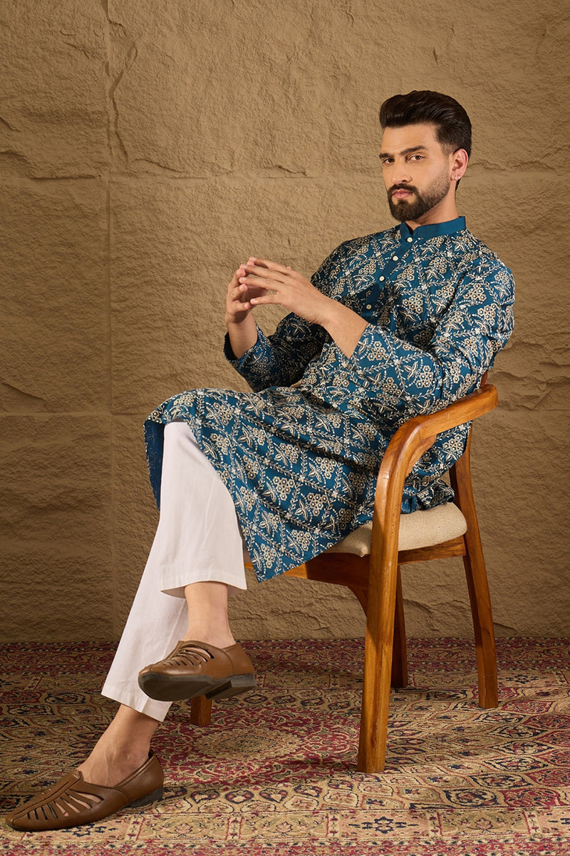 Blue Silk Printed Straight Kurta