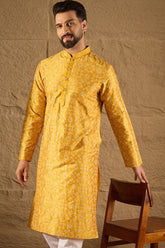 yellow silk geometric printed straight kurta