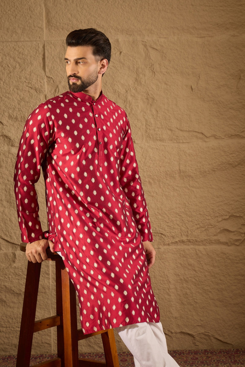 Maroon Silk Ikat Printed Straight Kurta With Pant Set